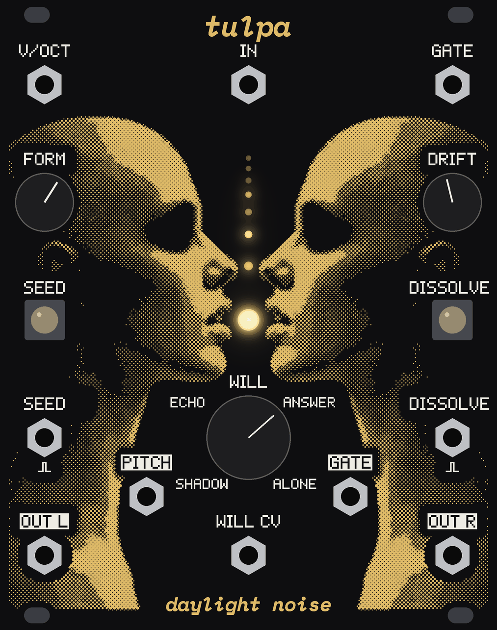 The TULPA panel answering: the round window lit gold and five of the small windows above it lit, its knobs on.