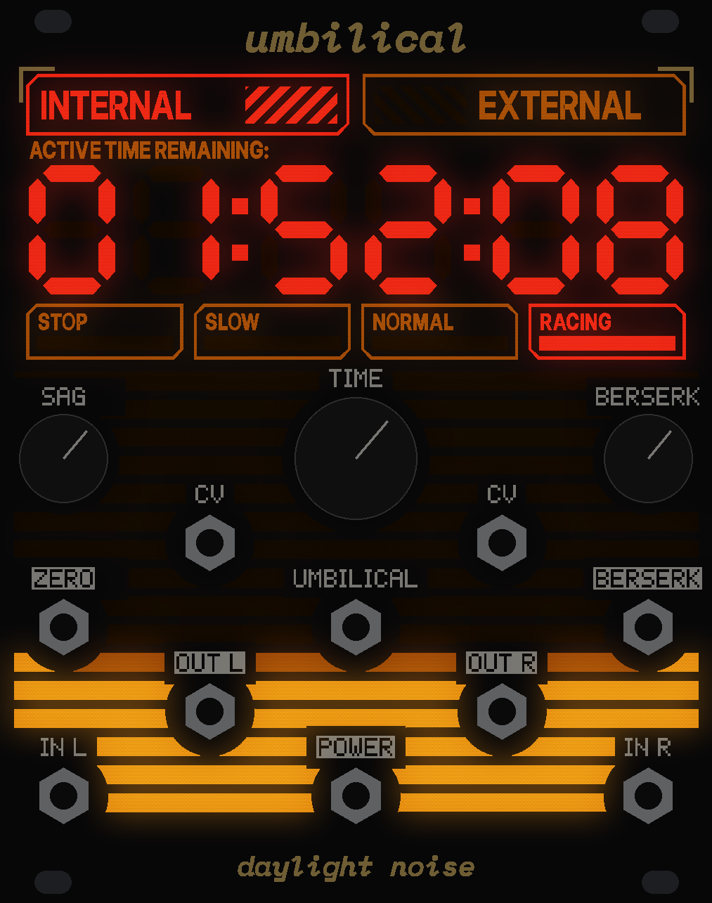 UMBILICAL's panel: a red countdown at the top, its digits and words windows of bare circuit board lit from behind, INTERNAL and RACING lit; below it slats of lit board run across the panel round the knobs and jacks, the lower ones orange, the top ones gone dark