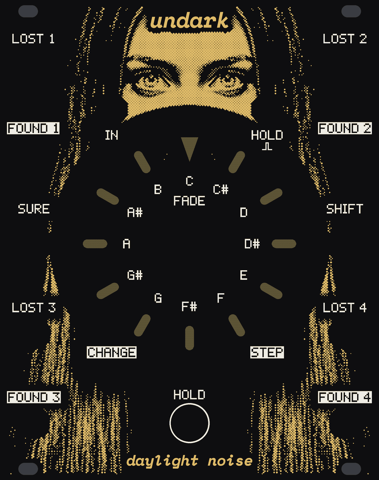 The UNDARK panel: a face over a dark dial, in gold dots on black. Twelve marks of bare circuit board ring FADE, the big knob, a note name inside each and C at the top; SURE and SHIFT stand either side of the dial, IN and HOLD's jack above it, CHANGE and STEP below it and the HOLD button at the foot; LOST 1 to 4 and FOUND 1 to 4 run down the sides. undark at the top, daylight noise at the bottom.