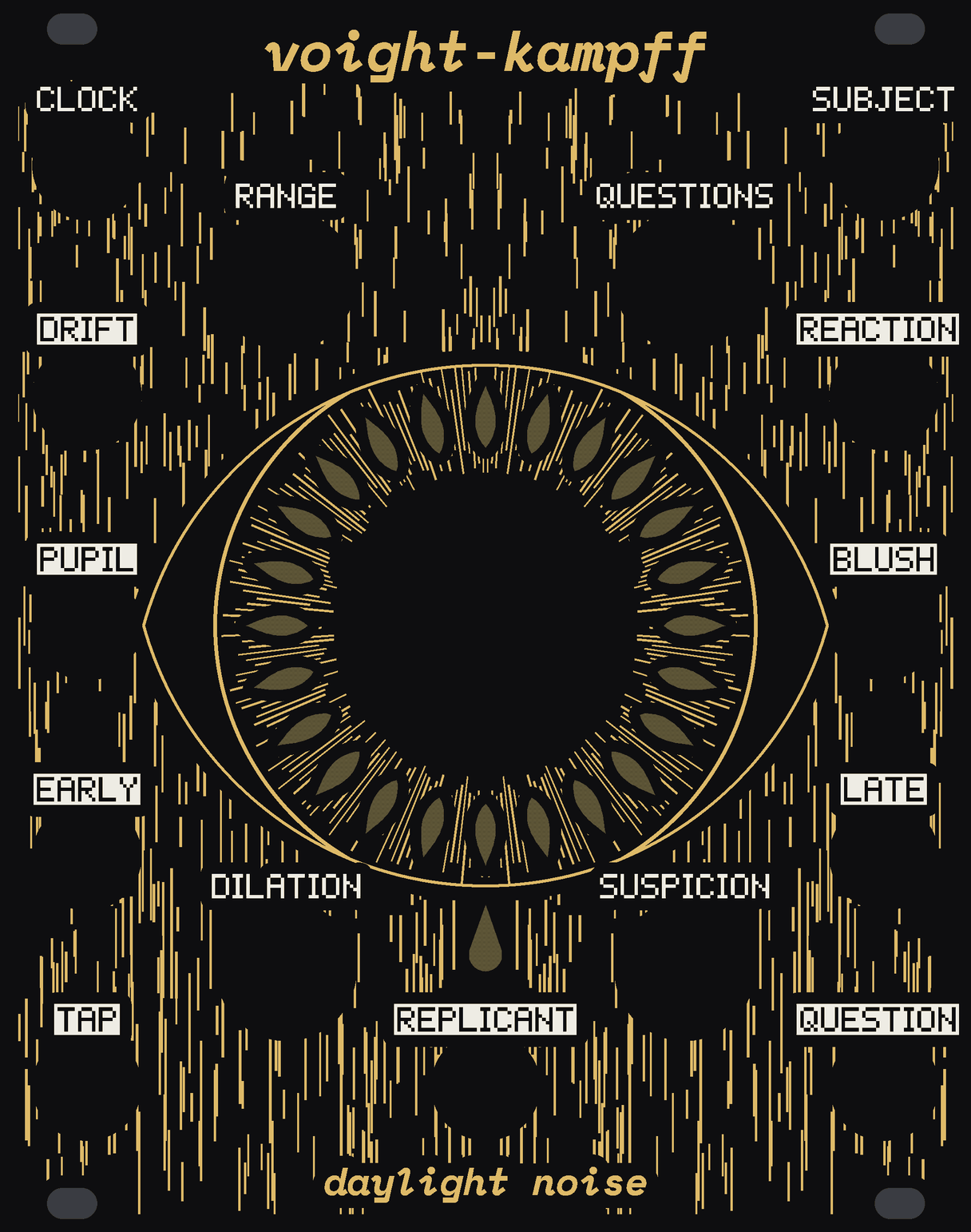 The VOIGHT-KAMPFF panel: black and gold, an eye in the rain at its middle. The big key is its pupil and its iris a ring of 24 windows of bare circuit board, with one more window, a drop, under it. White labels: CLOCK and SUBJECT at the top corners; RANGE, QUESTIONS, DILATION and SUSPICION on the eye's diagonals; DRIFT, PUPIL, EARLY and TAP down the left; REACTION, BLUSH, LATE and QUESTION down the right; REPLICANT at the foot. voight-kampff at the top, daylight noise at the bottom.